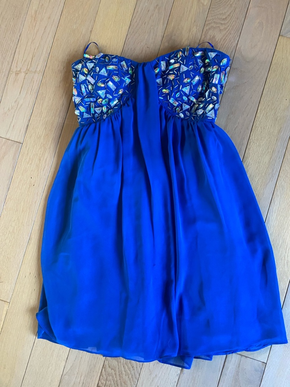 Morgan & Co. Cobalt Blue Strapless Dress with Crystal-Embellished Bodice